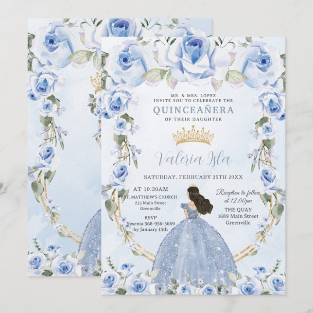 Quinceañera Baby Blue Floral Princess Dress Gold Invitation (Front/Back)