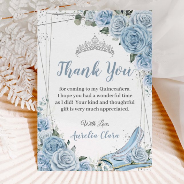 Quinceañera Baby Blue Floral Sweet 16 Cinderella Thank You Card (Creator Uploaded)