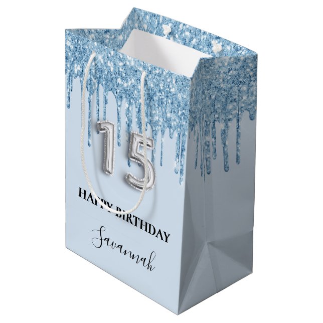Quinceanera baby blue glitter drips name medium gift bag (Back Angled)