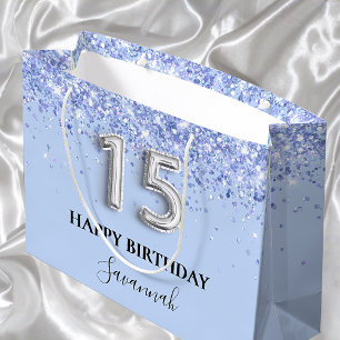 Quinceanera baby blue glitter dust large gift bag