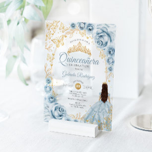 Quinceanera Baby Blue Gold Floral Acrylic Invitations