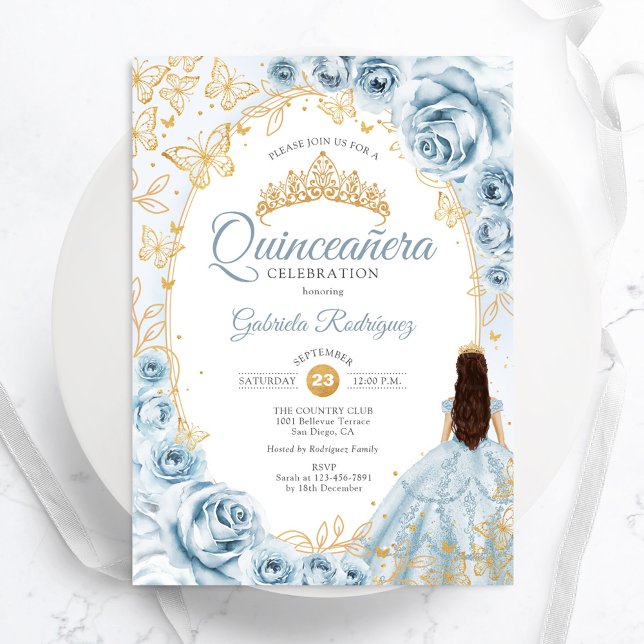 Quinceanera Baby Blue Gold Floral Invitation (Creator Uploaded)
