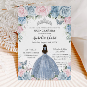 Quinceañera Baby Blue Pink Floral Princess Dress Invitation