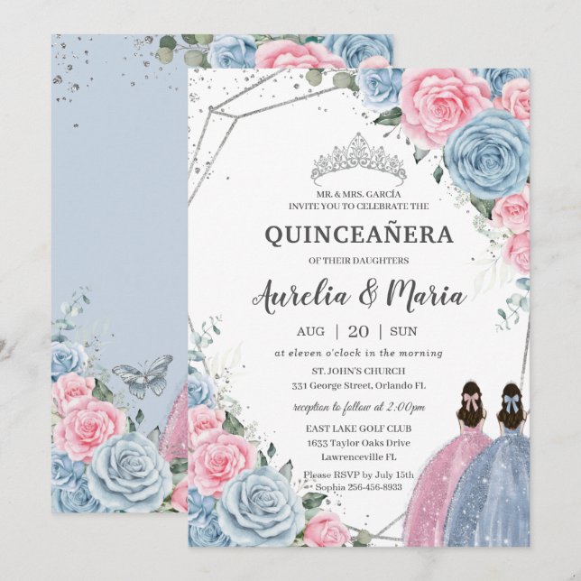 Quinceañera Baby Blue Pink Floral Twins Silver Invitation (Front/Back)