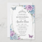 Quinceanera Baby Blue Purple Lilac Floral Silver Invitation (Front)