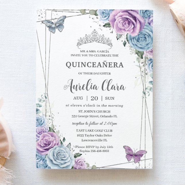 Quinceanera Baby Blue Purple Lilac Floral Silver Invitation
