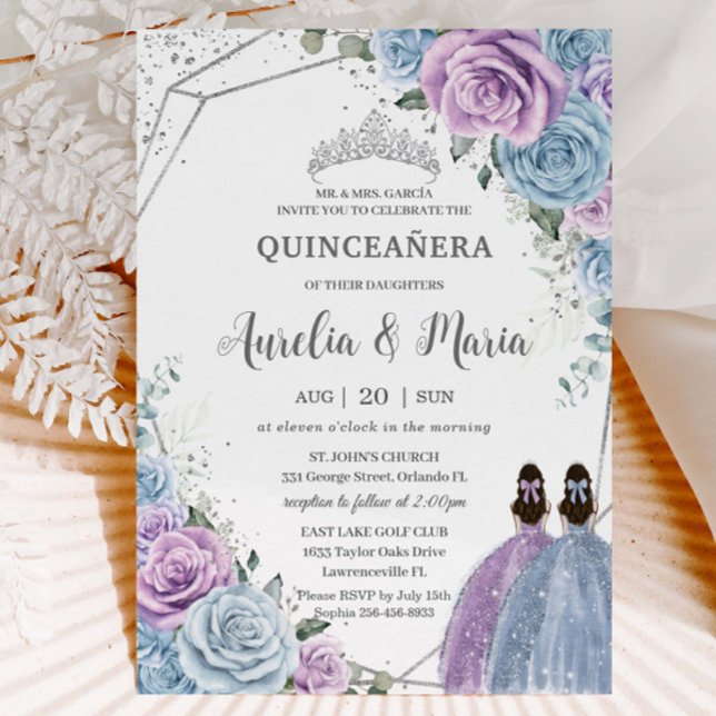 Quinceañera Baby Blue Purple Lilac Floral Twins Invitation (Creator Uploaded)
