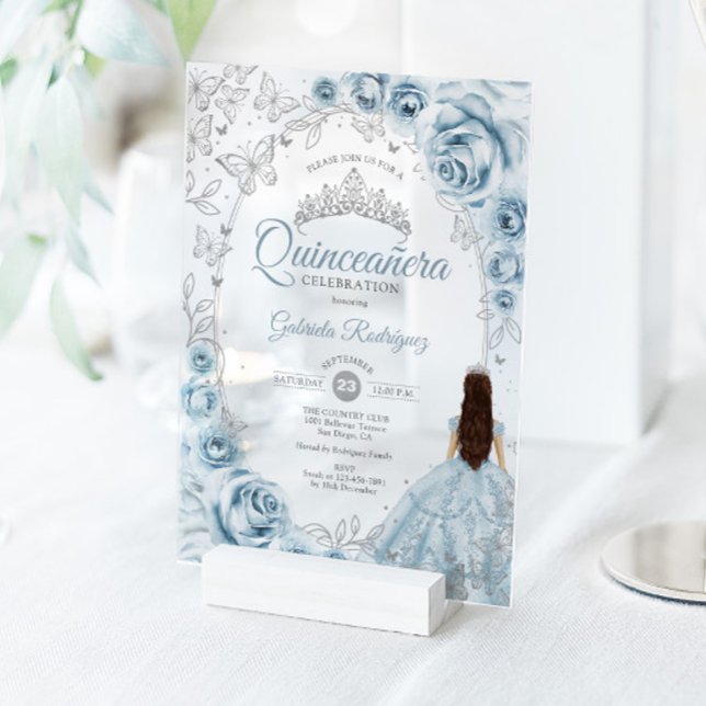 Quinceanera Baby Blue Silver Floral Acrylic Invitations (Creator Uploaded)