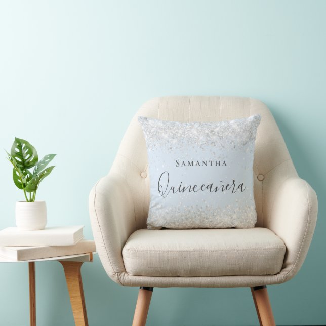 Quinceanera baby blue silver glitter dust name cushion (Chair)