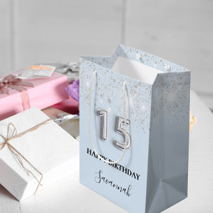 Quinceanera baby blue silver glitter name medium gift bag