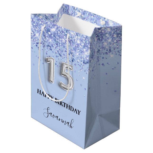 Quinceanera baby blue silver glitter name medium gift bag (Back Angled)