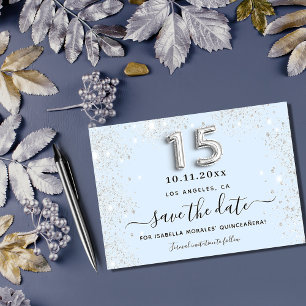 Quinceanera baby blue silver save the date card