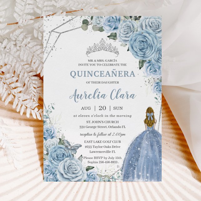 Quinceañera Baby Soft Blue Floral Princess 15 16 Invitation (Creator Uploaded)