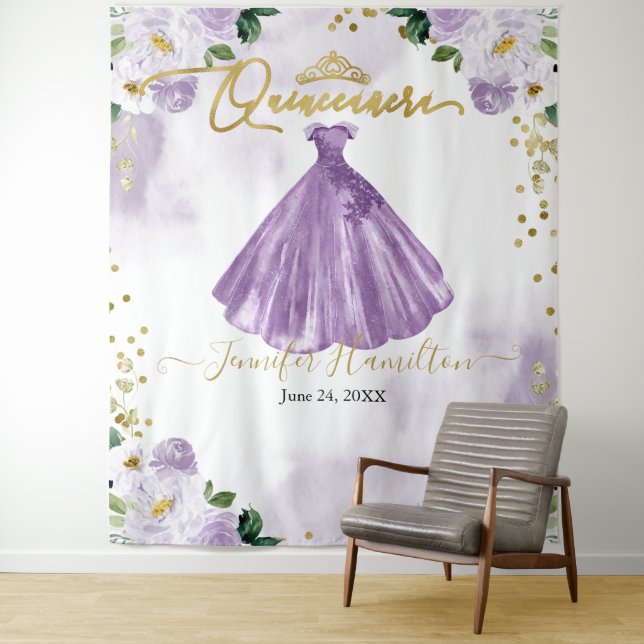 Quinceanera Backdrop Purple Floral Dress Tapestry (In Situ)