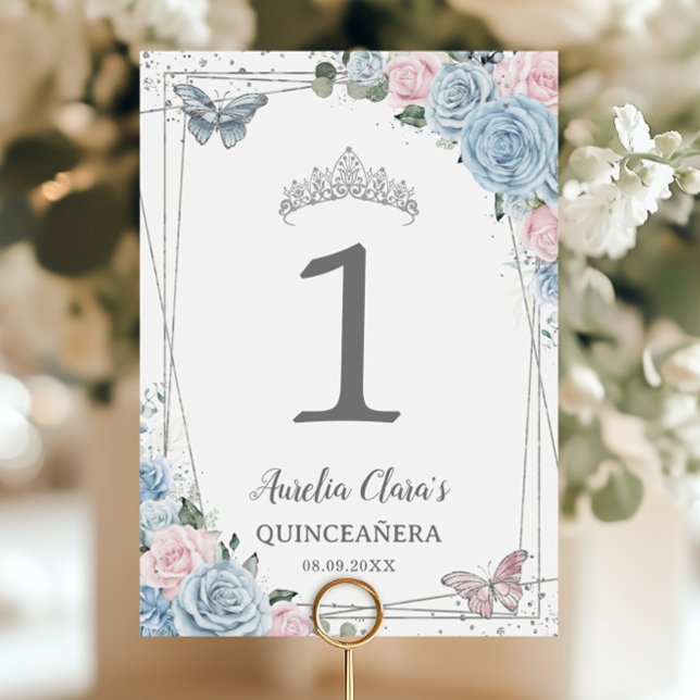 Quinceañera Birthday Baby Blue Soft Pink Floral Table Number (Creator Uploaded)