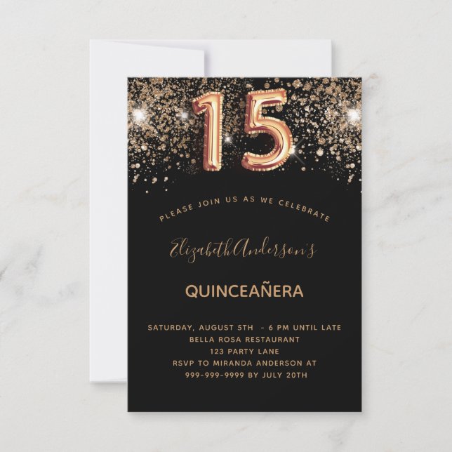 Quinceanera birthday black gold glitter (Front)