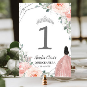 Quinceañera Birthday Blush Pink Floral Princess Table Number
