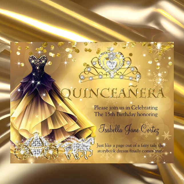 Quinceanera Birthday Gold Dress Tiara Carriage b Invitation (Creator Uploaded)