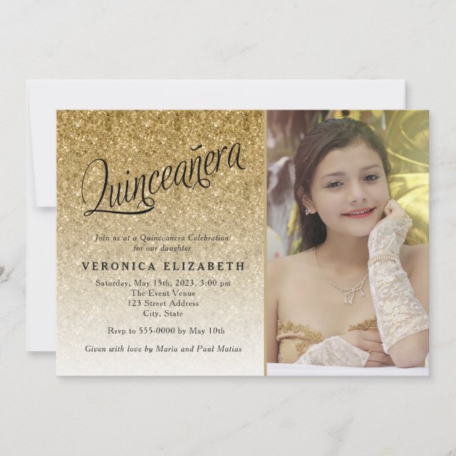 Quinceanera Birthday Gold Glitter Photo Invitation (Front)