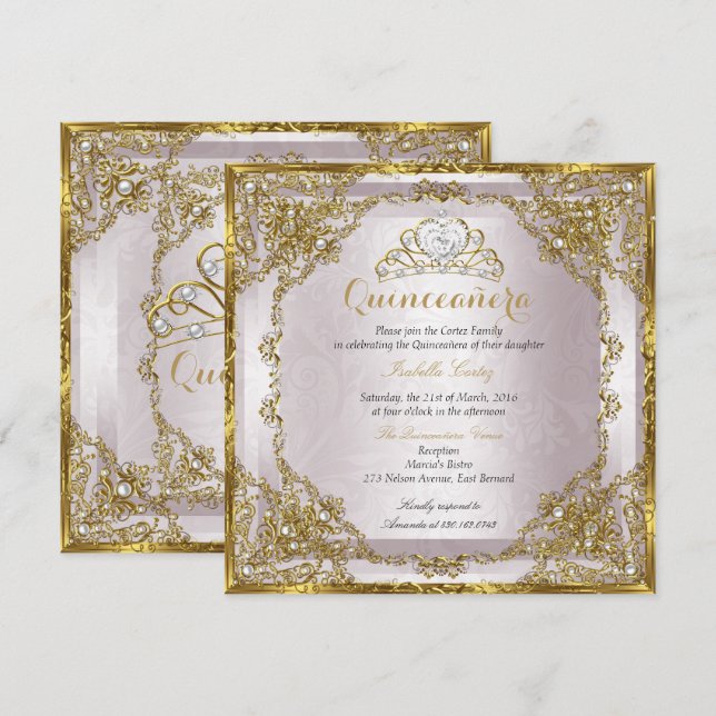 Quinceanera Birthday Gold Pearl Pink Damask Invitation (Front/Back)