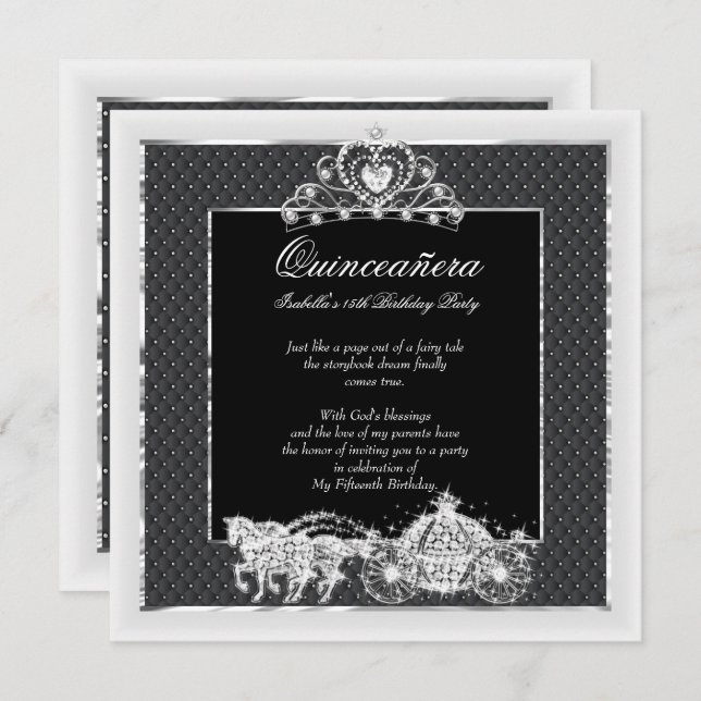 Quinceanera Birthday Horse Carriage Black Silver Invitation (Front/Back)