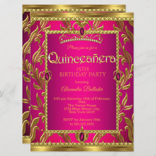 Quinceanera Birthday Hot Pink Jewel Tiara Gold Invitation