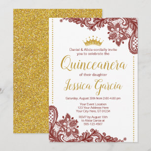 Quinceañera Birthday Invitation   Dark Red & Gold