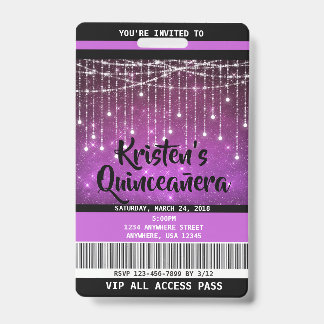 Quinceanera Birthday Invitations, Sweet 16 Invite ID Badge