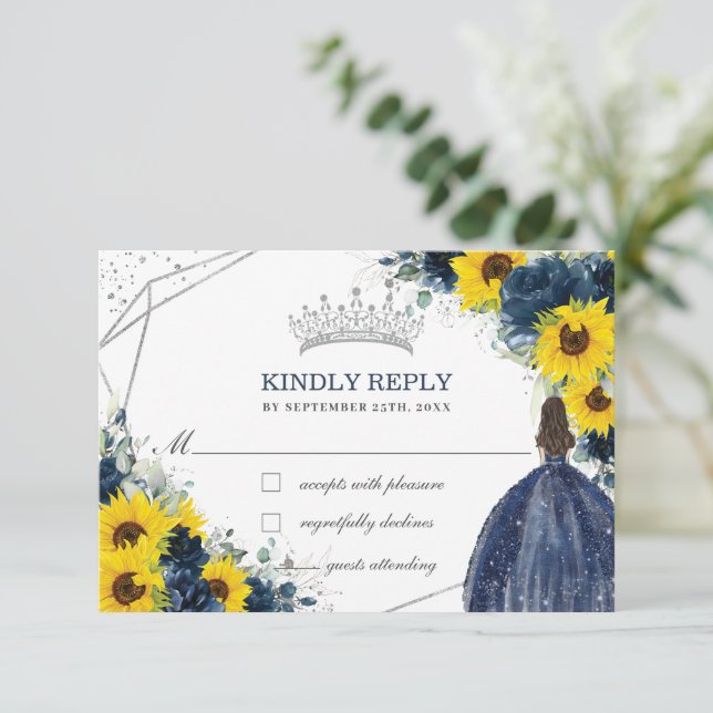Quinceañera Birthday Navy Blue Sunflower Floral  RSVP Card (Standing Front)