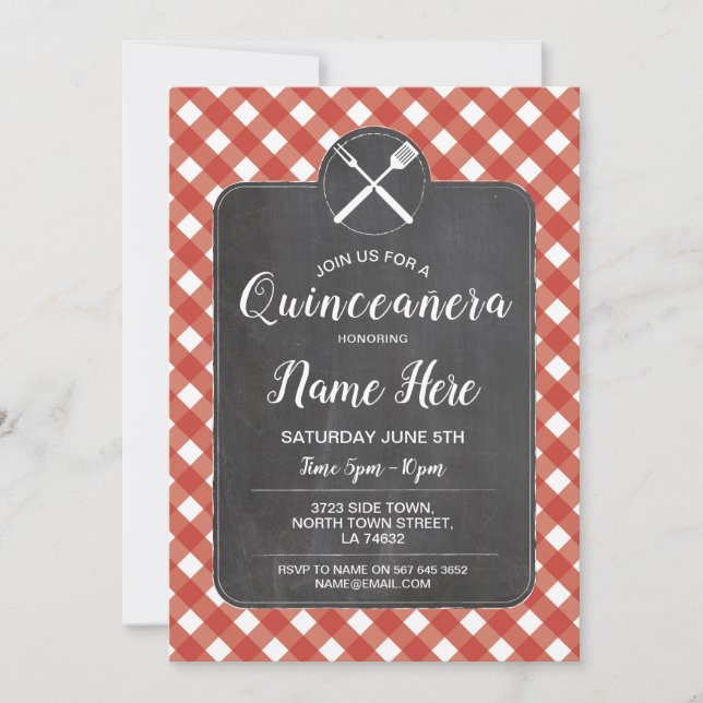 Quinceañera Birthday Party BBQ Red Gingham Chalk Invitation (Front)