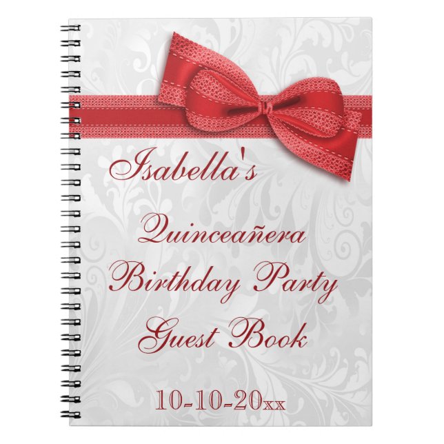 Quinceañera Birthday Party Damask and Bow Spiral Notebook (Front)