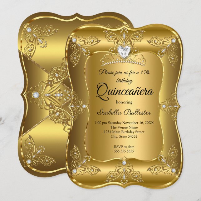 Quinceanera Birthday Party Gold Diamond Tiara Invitation (Front/Back)