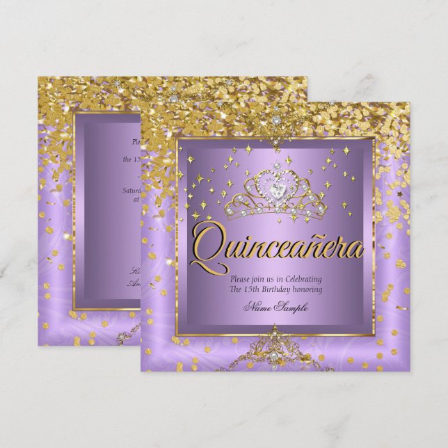 Quinceanera Birthday Party Gold Lavender Purple Invitation (Front/Back)
