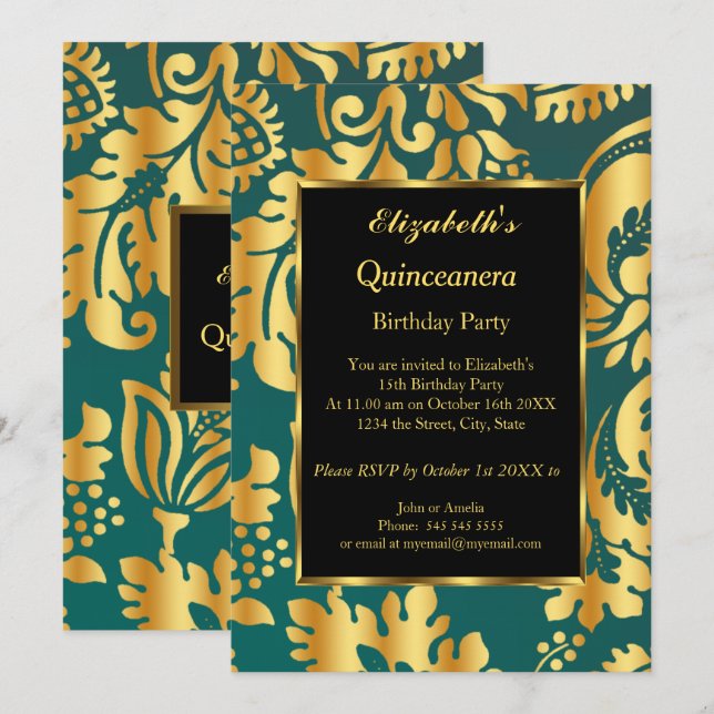 Quinceanera Birthday Party Gold Teal black floral Invitation (Front/Back)
