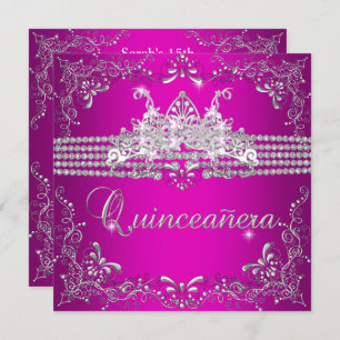 Quinceanera Birthday Party Hot Pink Silver Tiara Invitation