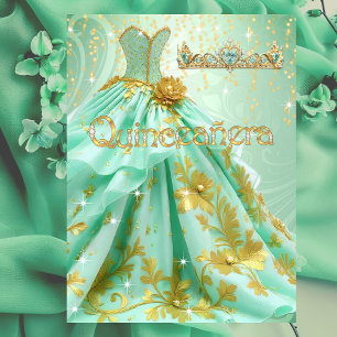 Quinceanera Birthday Party Mint Green Gold Dress Invitation