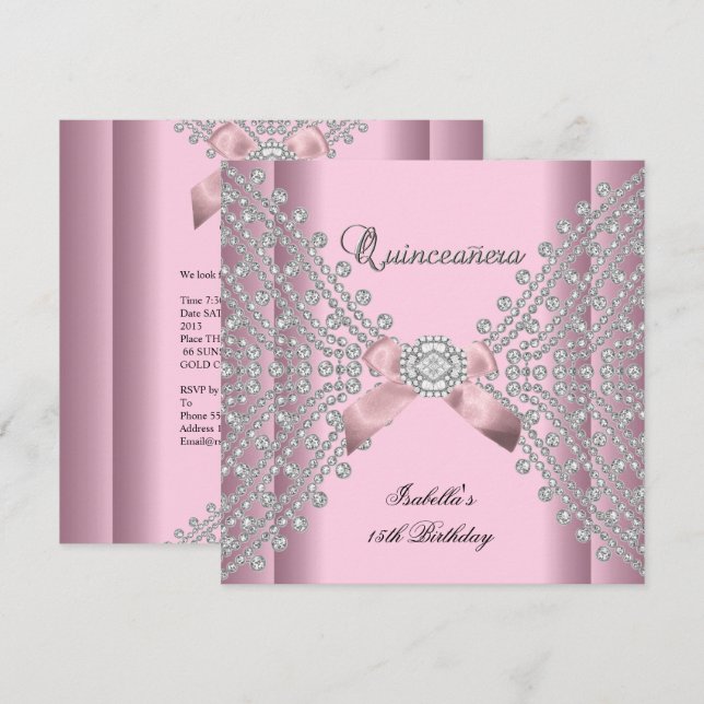Quinceanera Birthday Party Pink White Diamonds Invitation (Front/Back)