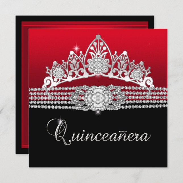 Quinceanera Birthday Party Red Diamond Black Invitation (Front/Back)