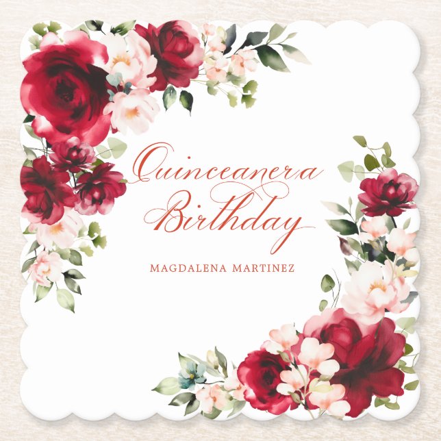 Quinceanera Birthday Party Red Pink Floral Custom Paper Coaster (Front)