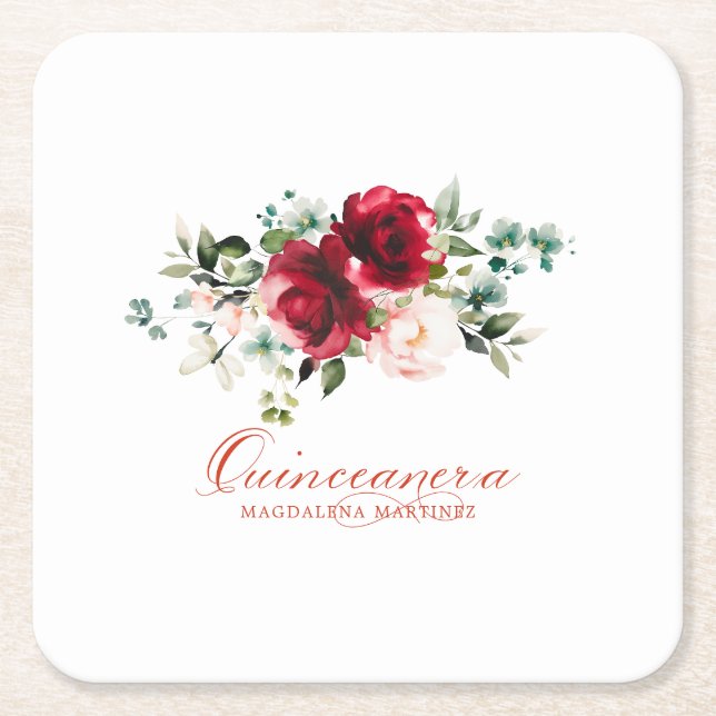 Quinceanera Birthday Party Red Pink Floral Custom Square Paper Coaster (Front)
