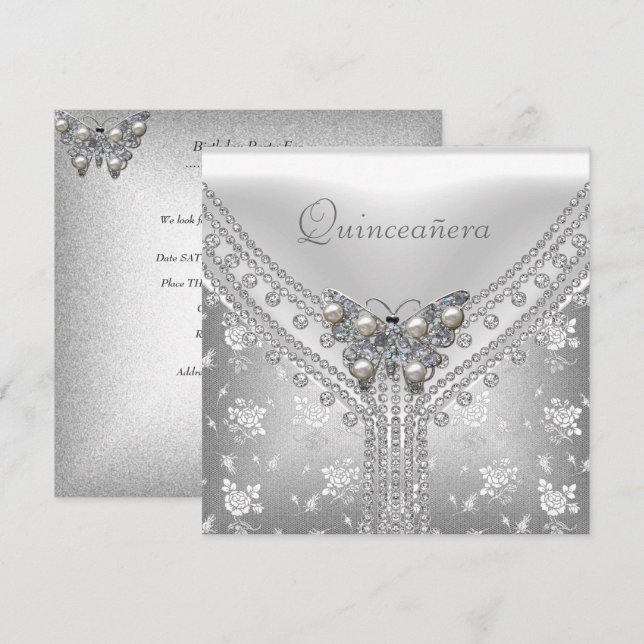 Quinceanera Birthday Party Silver White Butterfly Invitation (Front/Back)