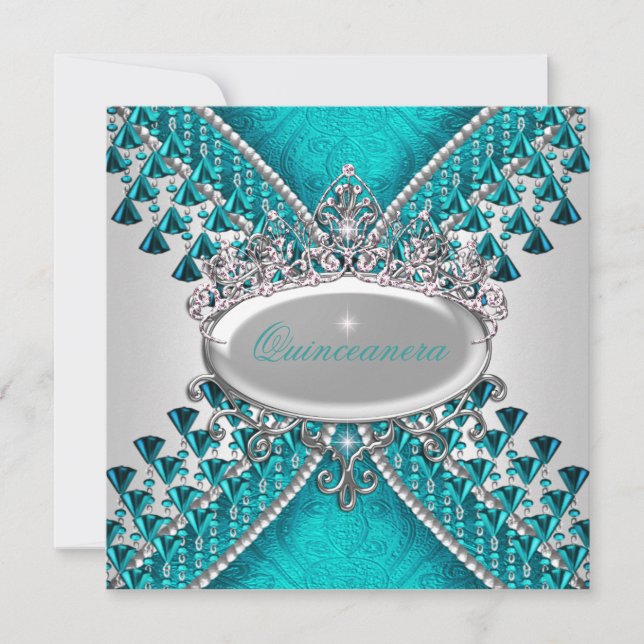 Quinceanera Birthday Party Teal Blue White Beads Invitation (Front)