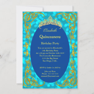 Quinceanera Birthday Party Teal Gold Invitation