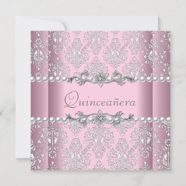 Quinceañera Birthday Pink Silver White Pearl Lace Invitation (Front)