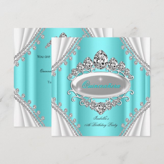 Quinceañera Birthday Princess Teal Diamond Invitation (Front/Back)