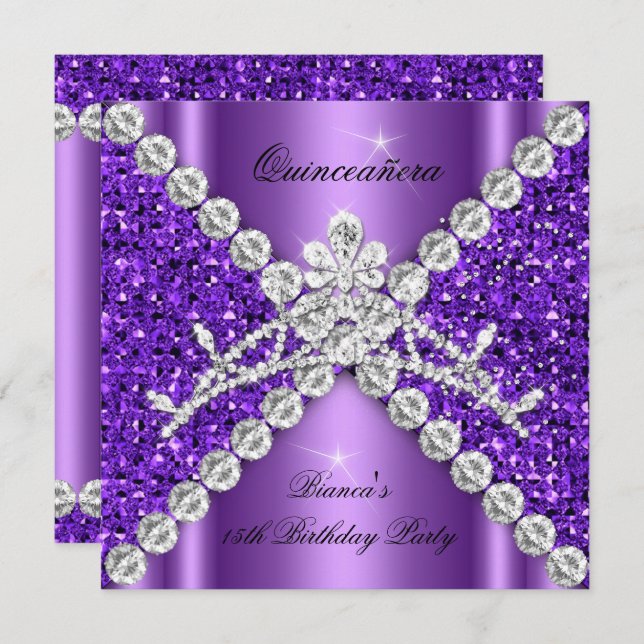 Quinceanera Birthday Purple Glitter Diamonds Tiara Invitation (Front/Back)