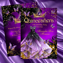 Quinceanera birthday purple Gold Dress Butterfly