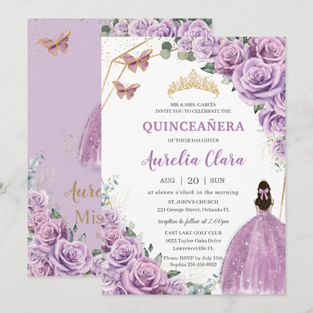 Quinceañera Birthday Purple Lilac Floral Princess Invitation (Front/Back)