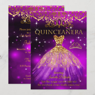 Quinceanera Birthday Purple Magenta Tiara Gold Invitation
