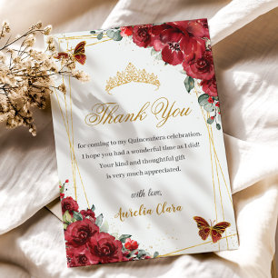 Quinceañera Birthday Red Floral Gold Butterflies Thank You Card